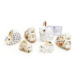 A group of six Royal Crown Derby Rabbits: Snowy Rabbit, Anniversary edition 2002, with certificate,