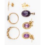 A Victorian style 9ct gold ring set with five amethysts, a cabachon amethyst pendant set in silver,