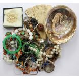 Costume jewellery to include jade style bangle, Victorian and later shells,