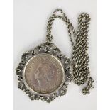 A Netherlands Ten Guilder 1970 in white metal pendant mount with chain and box.