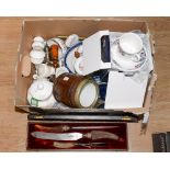 A box of assorted ceramics including Deny, Aynsley, etc, with novelty cork screws,