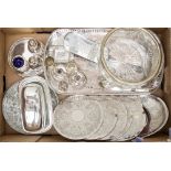 A box containing a collection of various silver plate, including cut glass fruit bowl, pepperettes,