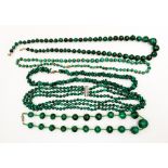 Five strings of malachite bead necklaces , various shapes, rounds, chips,