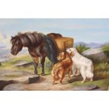A large oil on canvas, Scottish scene, a Highland pony waiting with a Spaniel and a Retriever,
