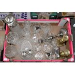 Silver plated ware, candelabrum, brass candlesticks,