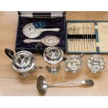 Modern boxed Sheffield silver dressing table set including a mirror,