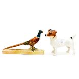 A Beswick Jack Russell Terrier (af) with a Beswick Pheasant on a plinth,