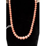 A carved coral type graduated bead necklace on a gold clasp.