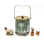 County Artist sheep and lamb, Wedgwood biscuit barrel, two toy wooden animals.