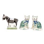 A Rye Pottery Donkey and a pair of Cats - sponge ware