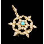 A late Victorian/Edwardian turquoise and seed pearl set 15ct gold pendant brooch with seed pearl