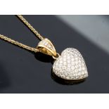 A diamond full set heart 18ct gold heart pendant, shaped pendant and chain with diamond set bale,