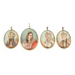 A set of four 19th century Indian oval miniatures on ivory, hand painted portraits of Indian Sultan,