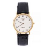 Longines, a gentleman's gold plated Longines Quartz Presence wristwatch, 3cm circular white dial,