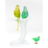 Daum, France, glass figure of a tree branch with yellow and green Parrots,