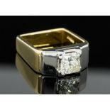 A diamond solitaire yellow gold and platinum set modern square design ring,