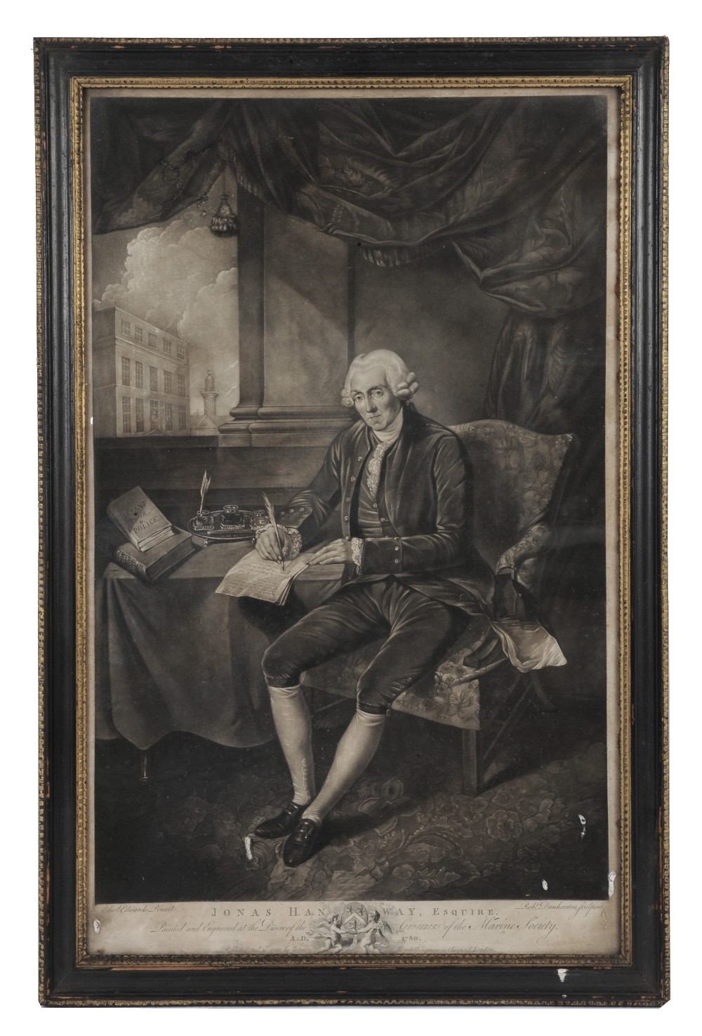 Collection of 18th-century framed mezzotint portraits: 'Jonas Hanway Esquire' (English traveller