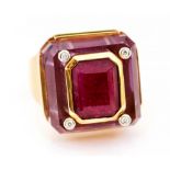 A Kara Ross red tourmaline and amethyst set 18ct yellow gold ring,