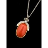 A coral and diamond set yellow and white gold drop pendant,