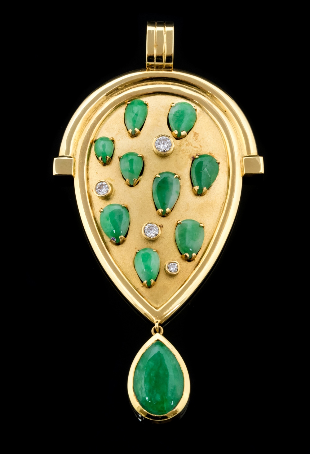 A jadeite, diamond and 18ct gold modern design pear shaped drop pendant,