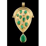 A jadeite, diamond and 18ct gold modern design pear shaped drop pendant,