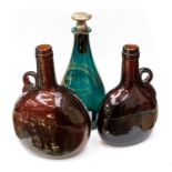 An 18th Century green glass brandy decanter, with a gilt cartouche,