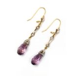 A pair of amethyst single stone and diamond set drop earrings,