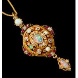 A Victorian opal, diamond, pink and green tourmaline enamelled yellow metal drop pendant,