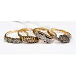 An collection of four diamond and 18ct gold rings, with various designs and finger sizes.