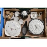 A box of Midwinter coffee wares, two serving dishes and covers,