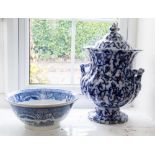 A Staffordshire blue and white covered vase and bowl (2)