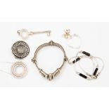 A collection of silver jewellery, comprising bracelets, pen knife,