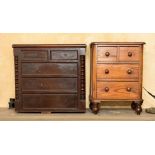 An early Victorian miniature mahogany chest of two short over three long drawers;