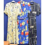 A collection of Summer dresses, a navy/white abstract pattern, early 1980s ,