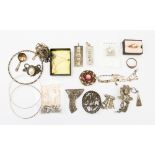 A quantity of assorted silver jewellery to include two ingot pendants, marcasite brooches, bangles,