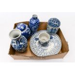 A collection of Chinese blue and white ceramics including vases, pot pourri,