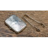 An Edwardian silver cigarette case Birmingham 1912; together with silver sugar tongs,
