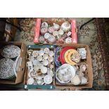 Three boxes of ceramics including commemorative mugs, Maling lustre bowl,