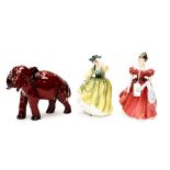 Royal Doulton figure of an elephant, along with two Doulton ladies,
