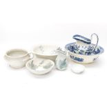 A Wedgwood Willow, jug and bowl together with a Stone china jug and bowl and soap dish base,