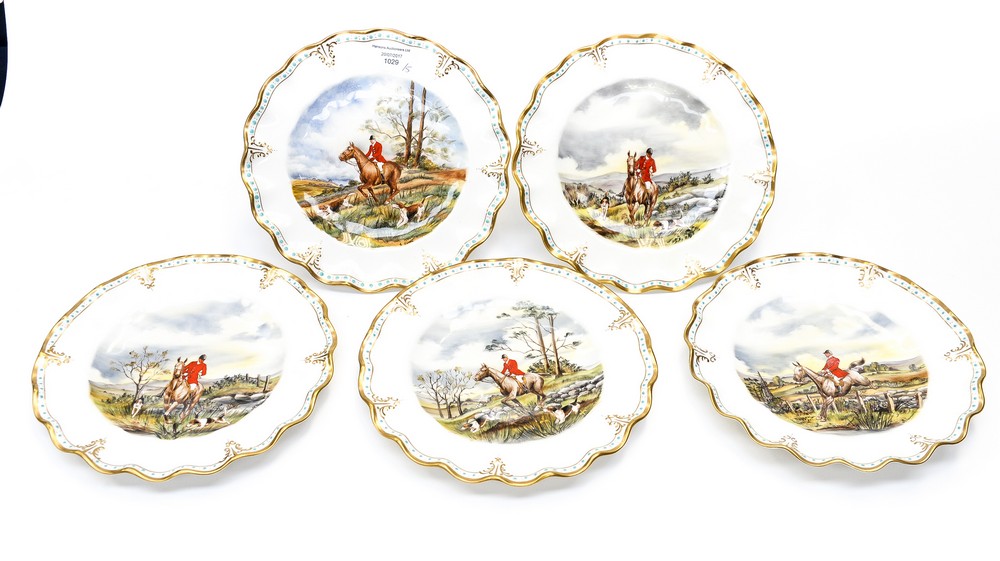 A collection of five Royal Crown Derby hand painted hunting scene plates,