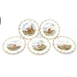 A collection of five Royal Crown Derby hand painted hunting scene plates,