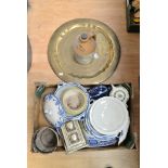 A blue and white meat platter, assorted blue and white and green and white ceramics,