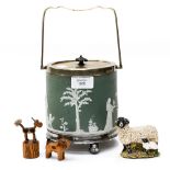 County Artist sheep and lamb, Wedgwood biscuit barrel, two toy wooden animals.