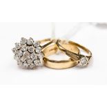 A collection of three 9ct gold rings, one set with a small diamond, size M, one wedding band,