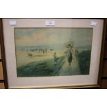 A print depicting a beach scene with shrimpers in the background,