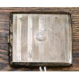 A silver pocket cigarette case, engine turned banded decoration and initials to cartouche,