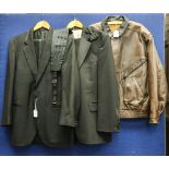 Two dinner suits - 1960s and one 1980 and a cumber band and bow tie - a brown leather men's bomber