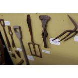 A large display board of Vintage Rural Bygone Cultivating Tools. Picks, drags, knockers, forks etc.