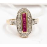 A ruby and diamond elongated cluster ring,